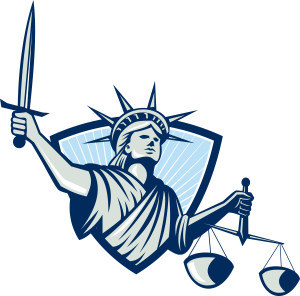 Illustration of lady statue of libery facing front holding weighing scales of justice and sword set inside crest shield on isolated white background.